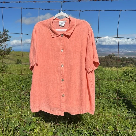Hot Cotton Marc Wear Peach Coastal Linen button up Short Sleeve 1X - Picture 3 of 4